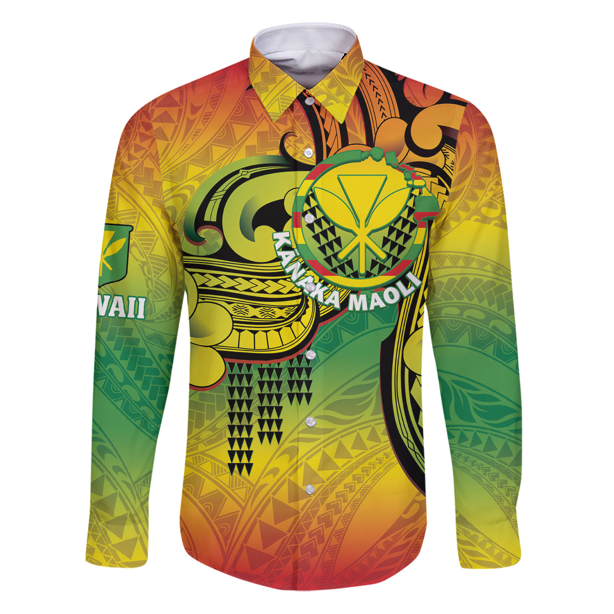 Hawaii Flag Day Family Matching Puletasi and Hawaiian Shirt Kanaka Maoli With Kakau Polynesian Pattern LT14 Dad's Shirt - Long Sleeve Green - Polynesian Pride