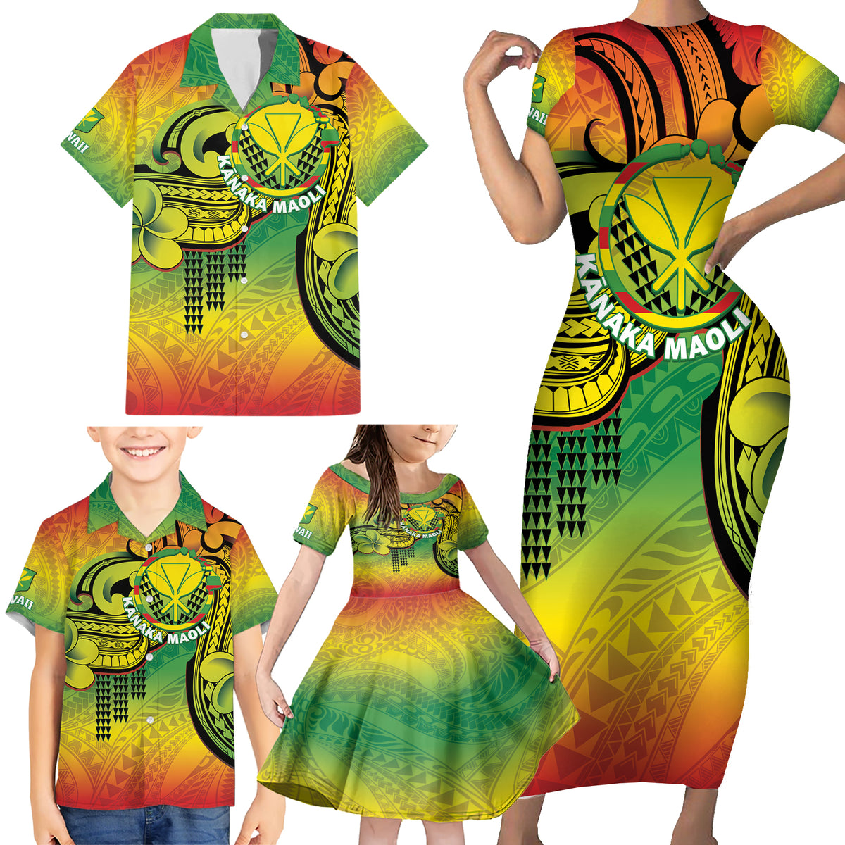 Hawaii Flag Day Family Matching Short Sleeve Bodycon Dress and Hawaiian Shirt Kanaka Maoli With Kakau Polynesian Pattern LT14 - Polynesian Pride