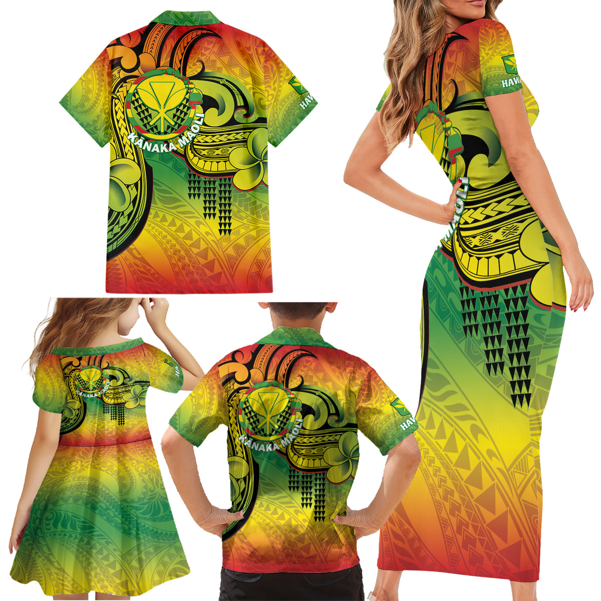 Hawaii Flag Day Family Matching Short Sleeve Bodycon Dress and Hawaiian Shirt Kanaka Maoli With Kakau Polynesian Pattern LT14 - Polynesian Pride