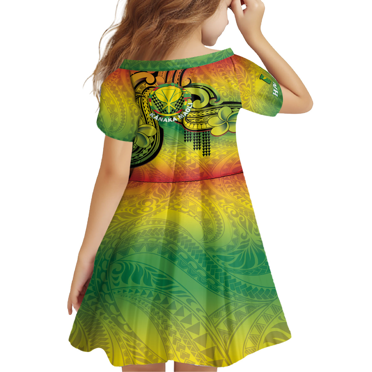 Hawaii Flag Day Kid Short Sleeve Dress Kanaka Maoli With Kakau Polynesian Pattern LT14