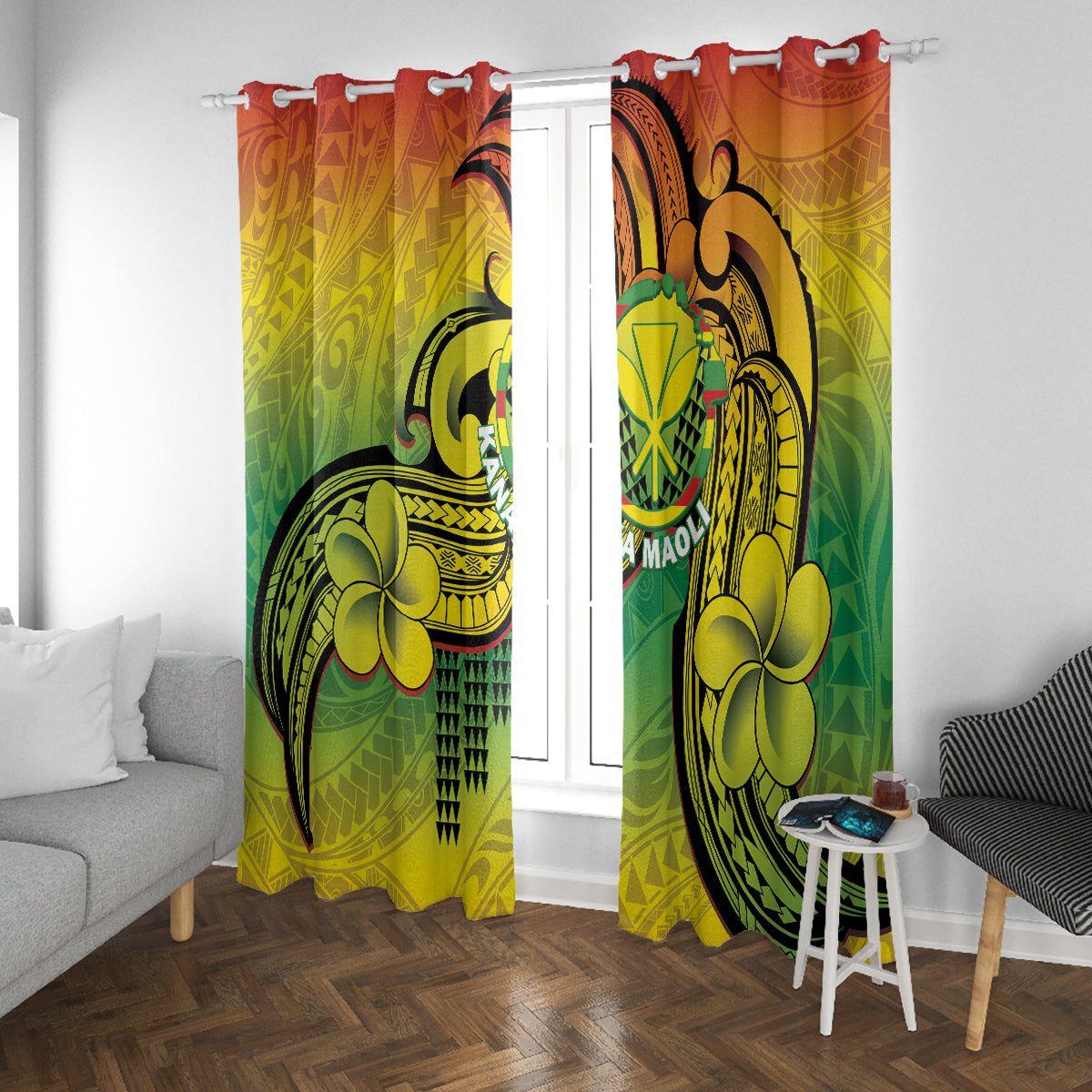 Hawaii Flag Day Window Curtain Kanaka Maoli With Kakau Polynesian Pattern LT14 With Grommets Green - Polynesian Pride