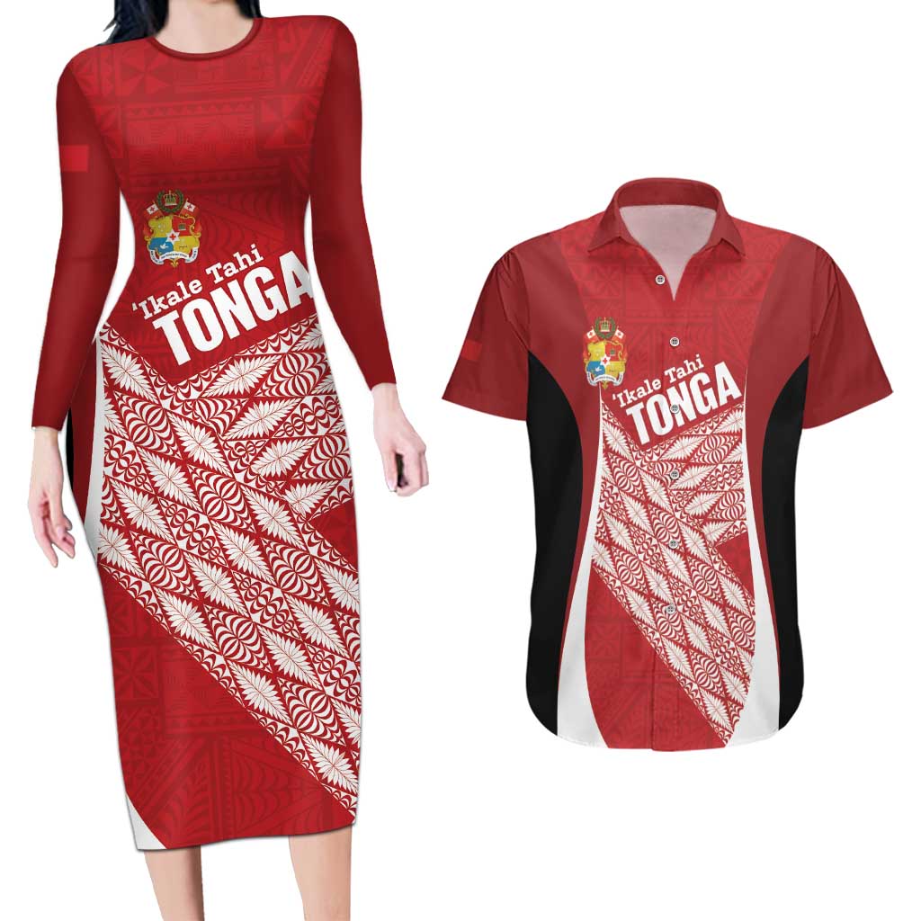 Tonga Rugby Custom Couples Matching Long Sleeve Bodycon Dress and Hawaiian Shirt Go ʻIkale Tahi Go Tongan Tapa Cloth