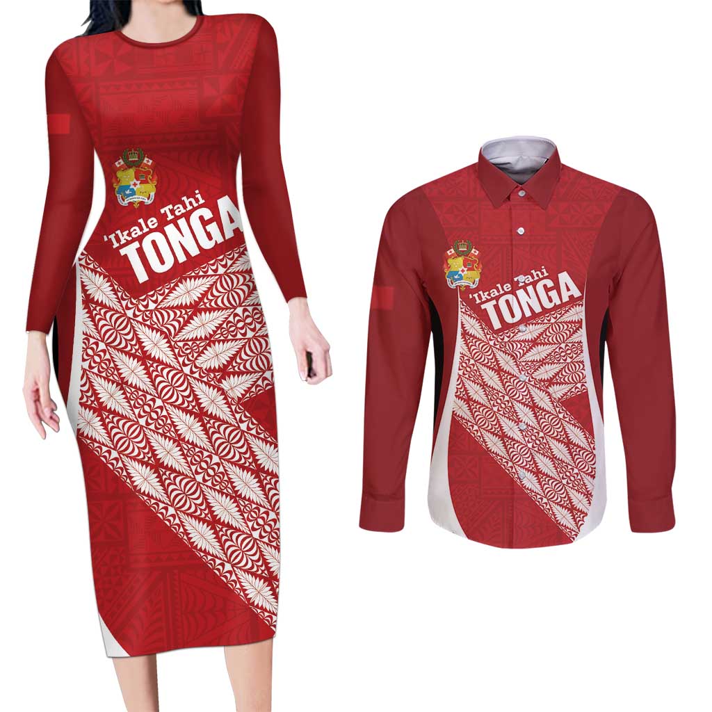 Tonga Rugby Custom Couples Matching Long Sleeve Bodycon Dress and Long Sleeve Button Shirt Go ʻIkale Tahi Go Tongan Tapa Cloth LT14 Red - Polynesian Pride