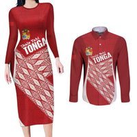 Tonga Rugby Custom Couples Matching Long Sleeve Bodycon Dress and Long Sleeve Button Shirt Go ʻIkale Tahi Go Tongan Tapa Cloth LT14 Red - Polynesian Pride