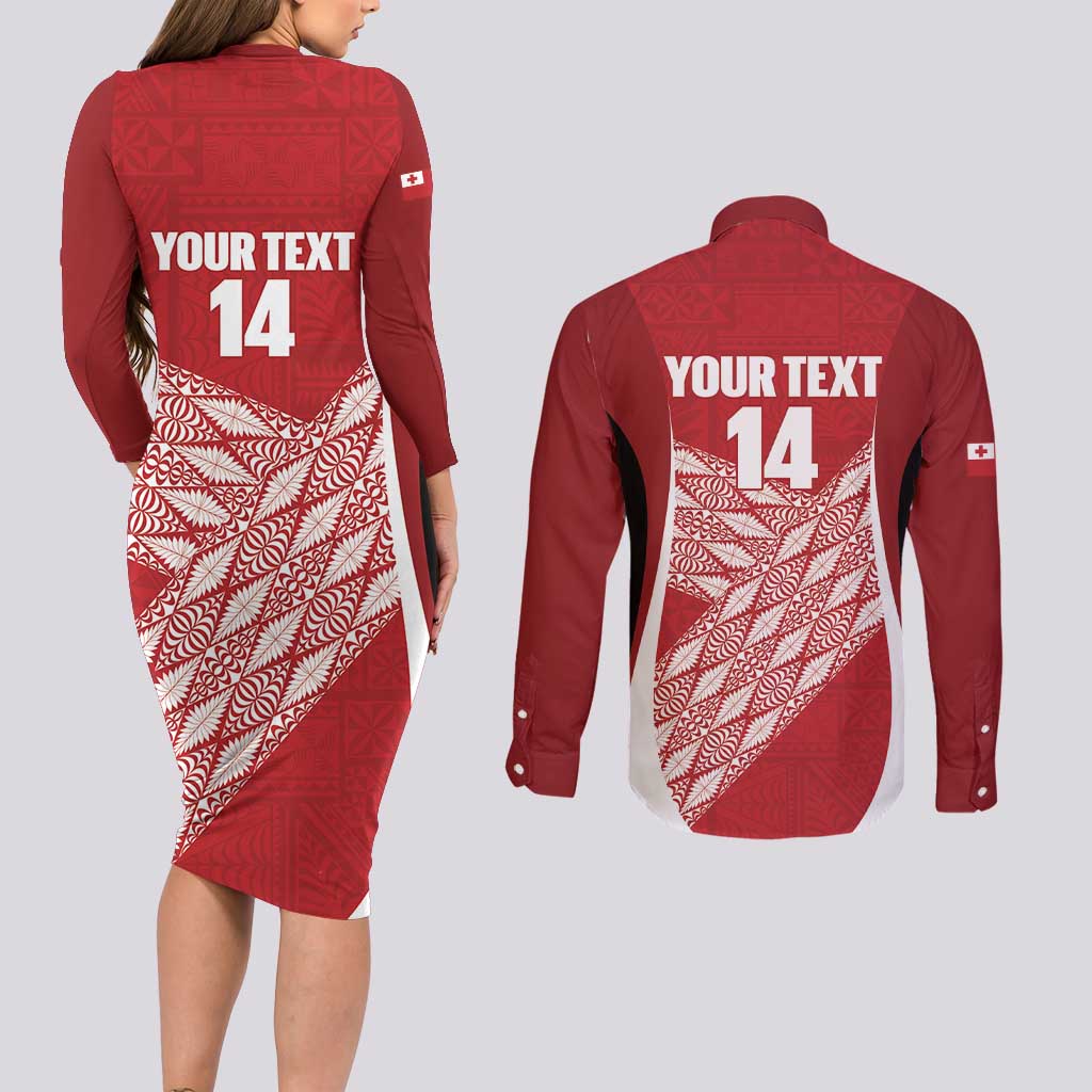Tonga Rugby Custom Couples Matching Long Sleeve Bodycon Dress and Long Sleeve Button Shirt Go ʻIkale Tahi Go Tongan Tapa Cloth LT14 - Polynesian Pride