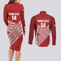 Tonga Rugby Custom Couples Matching Long Sleeve Bodycon Dress and Long Sleeve Button Shirt Go ʻIkale Tahi Go Tongan Tapa Cloth LT14 - Polynesian Pride