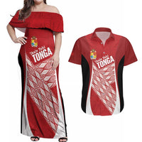 Tonga Rugby Custom Couples Matching Off Shoulder Maxi Dress and Hawaiian Shirt Go ʻIkale Tahi Go Tongan Tapa Cloth LT14 Red - Polynesian Pride