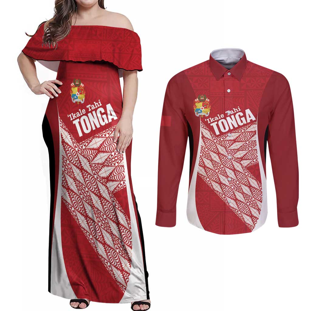 Tonga Rugby Custom Couples Matching Off Shoulder Maxi Dress and Long Sleeve Button Shirt Go ʻIkale Tahi Go Tongan Tapa Cloth LT14 Red - Polynesian Pride