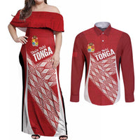 Tonga Rugby Custom Couples Matching Off Shoulder Maxi Dress and Long Sleeve Button Shirt Go ʻIkale Tahi Go Tongan Tapa Cloth LT14 Red - Polynesian Pride