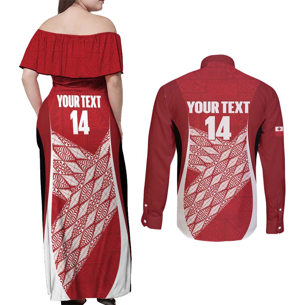 Tonga Rugby Custom Couples Matching Off Shoulder Maxi Dress and Long Sleeve Button Shirt Go ʻIkale Tahi Go Tongan Tapa Cloth LT14 - Polynesian Pride