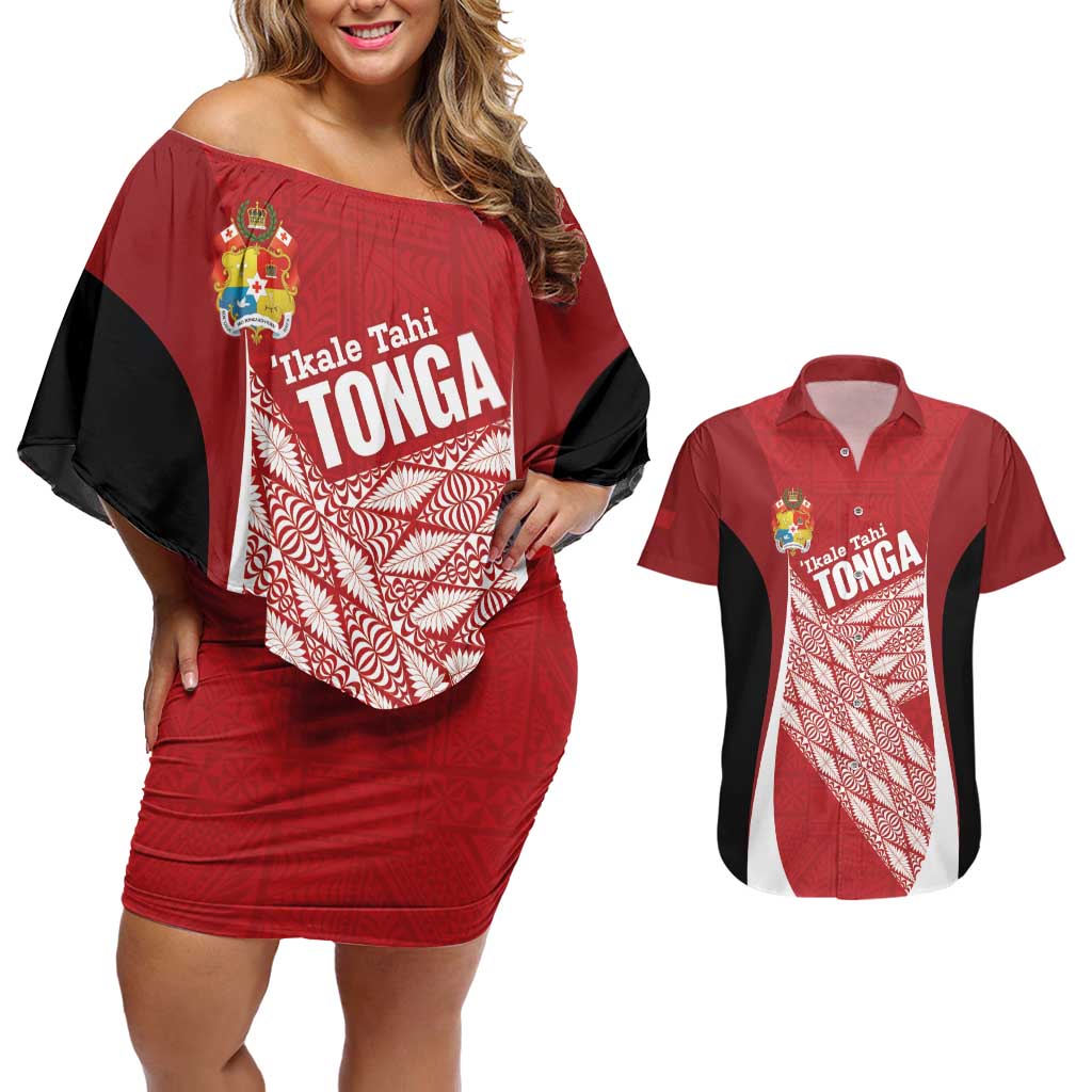 Tonga Rugby Custom Couples Matching Off Shoulder Short Dress and Hawaiian Shirt Go ʻIkale Tahi Go Tongan Tapa Cloth LT14 Red - Polynesian Pride