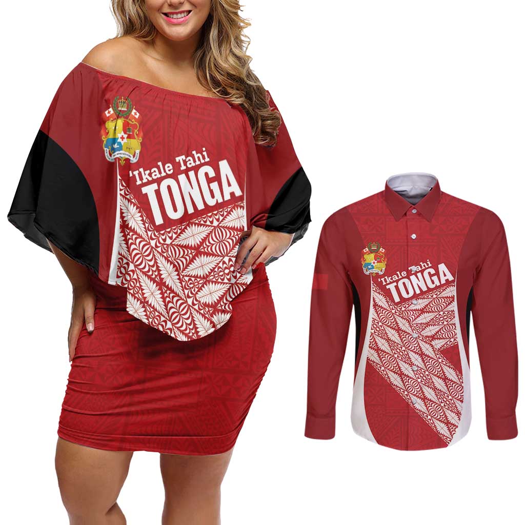 Tonga Rugby Custom Couples Matching Off Shoulder Short Dress and Long Sleeve Button Shirt Go ʻIkale Tahi Go Tongan Tapa Cloth LT14 Red - Polynesian Pride