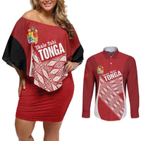 Tonga Rugby Custom Couples Matching Off Shoulder Short Dress and Long Sleeve Button Shirt Go ʻIkale Tahi Go Tongan Tapa Cloth LT14 Red - Polynesian Pride
