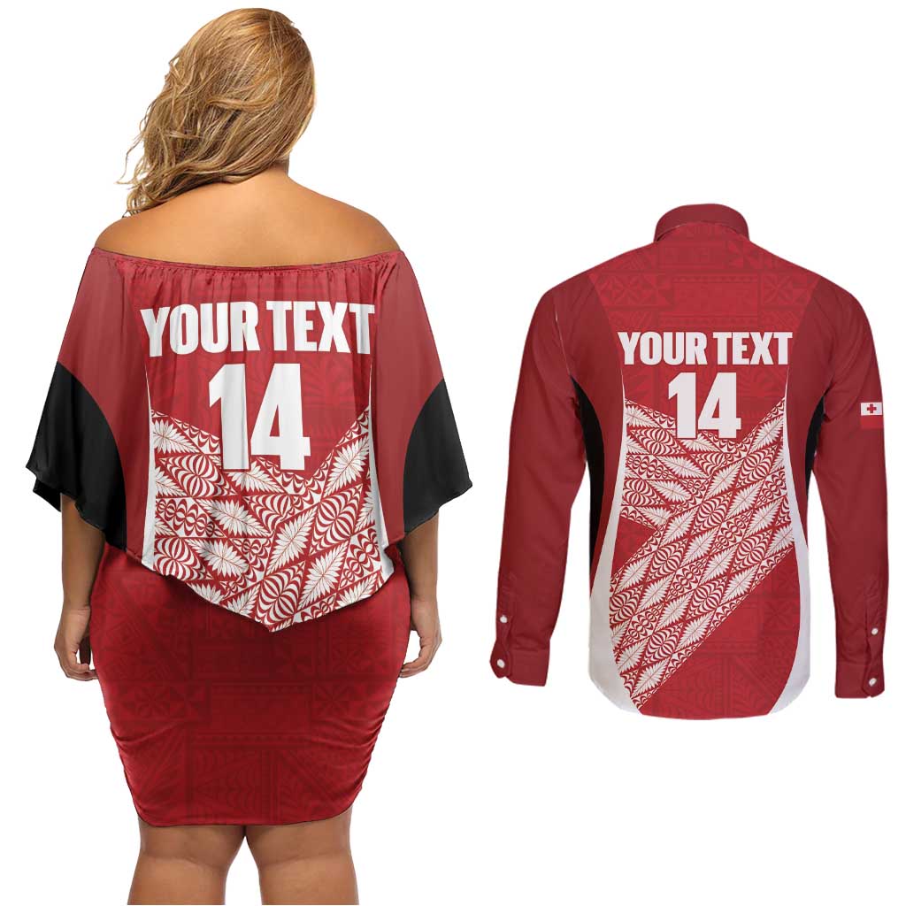 Tonga Rugby Custom Couples Matching Off Shoulder Short Dress and Long Sleeve Button Shirt Go ʻIkale Tahi Go Tongan Tapa Cloth LT14 - Polynesian Pride