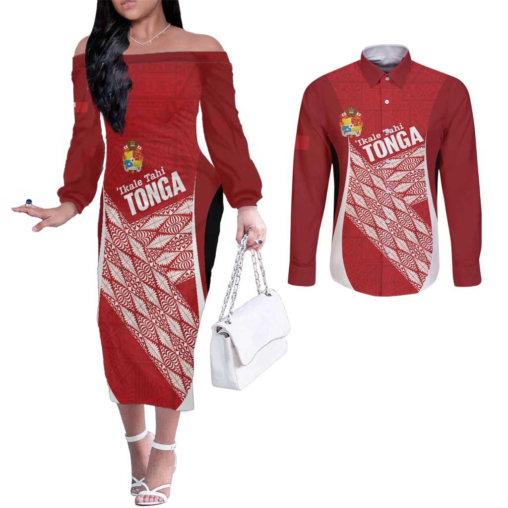 Tonga Rugby Custom Couples Matching Off The Shoulder Long Sleeve Dress and Long Sleeve Button Shirt Go ʻIkale Tahi Go Tongan Tapa Cloth LT14 Red - Polynesian Pride