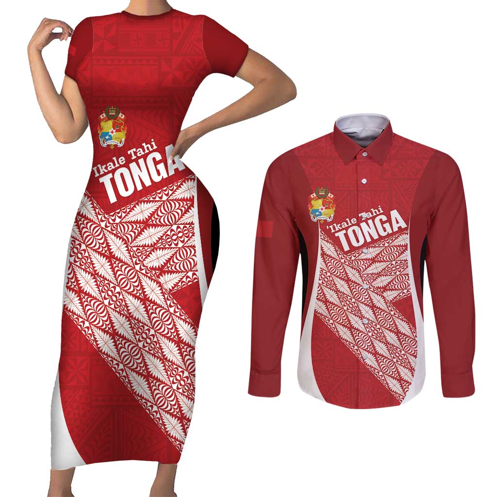 Tonga Rugby Custom Couples Matching Short Sleeve Bodycon Dress and Long Sleeve Button Shirt Go ʻIkale Tahi Go Tongan Tapa Cloth LT14 Red - Polynesian Pride