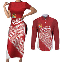 Tonga Rugby Custom Couples Matching Short Sleeve Bodycon Dress and Long Sleeve Button Shirt Go ʻIkale Tahi Go Tongan Tapa Cloth LT14 Red - Polynesian Pride