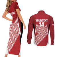 Tonga Rugby Custom Couples Matching Short Sleeve Bodycon Dress and Long Sleeve Button Shirt Go ʻIkale Tahi Go Tongan Tapa Cloth LT14 - Polynesian Pride