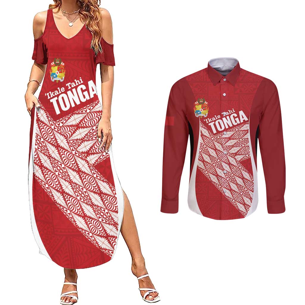 Tonga Rugby Custom Couples Matching Summer Maxi Dress and Long Sleeve Button Shirt Go ʻIkale Tahi Go Tongan Tapa Cloth LT14 Red - Polynesian Pride