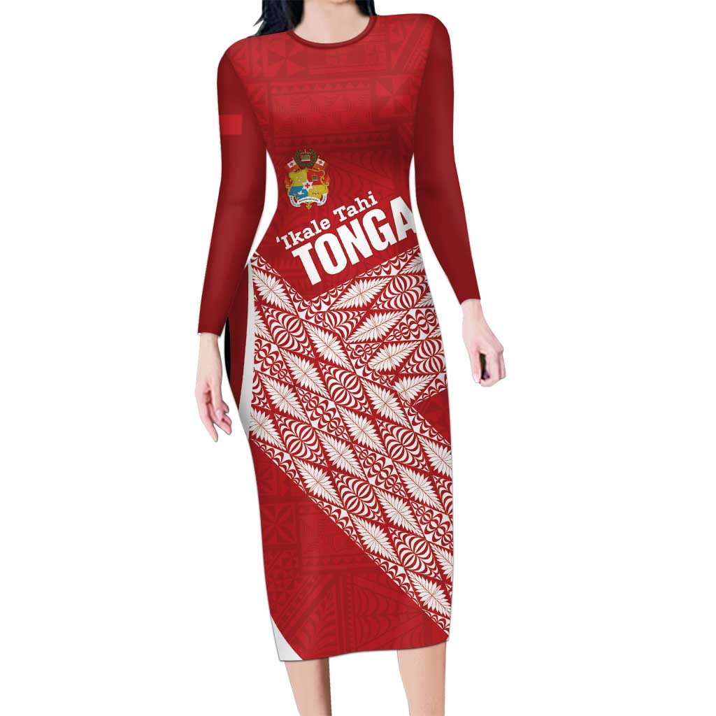 Tonga Rugby Custom Family Matching Long Sleeve Bodycon Dress and Hawaiian Shirt Go ʻIkale Tahi Go Tongan Tapa Cloth LT14 Mom's Dress Red - Polynesian Pride