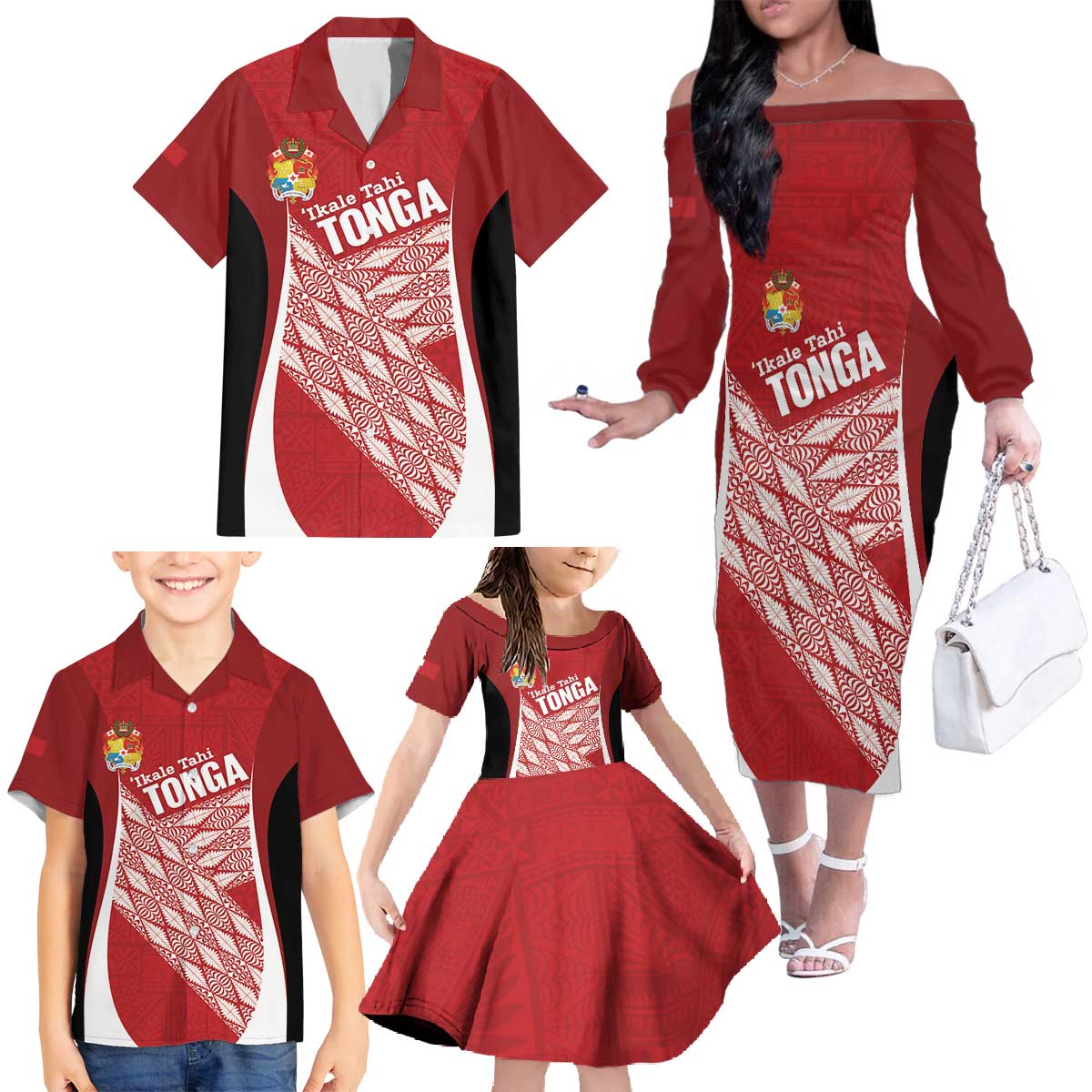 Tonga Rugby Custom Family Matching Off The Shoulder Long Sleeve Dress and Hawaiian Shirt Go ʻIkale Tahi Go Tongan Tapa Cloth LT14 - Polynesian Pride