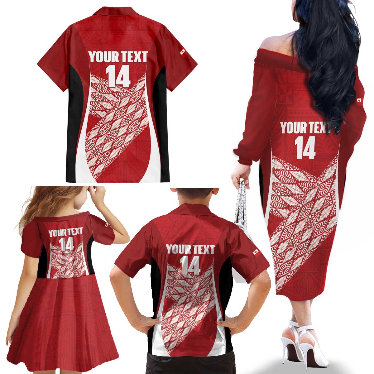 Tonga Rugby Custom Family Matching Off The Shoulder Long Sleeve Dress and Hawaiian Shirt Go ʻIkale Tahi Go Tongan Tapa Cloth LT14 - Polynesian Pride