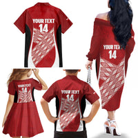 Tonga Rugby Custom Family Matching Off The Shoulder Long Sleeve Dress and Hawaiian Shirt Go ʻIkale Tahi Go Tongan Tapa Cloth LT14 - Polynesian Pride