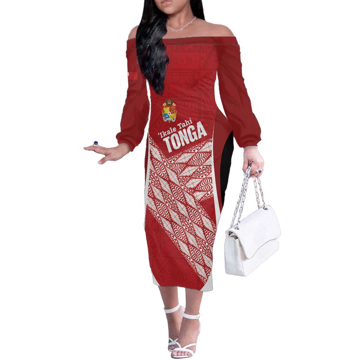 Tonga Rugby Custom Family Matching Off The Shoulder Long Sleeve Dress and Hawaiian Shirt Go ʻIkale Tahi Go Tongan Tapa Cloth LT14 Mom's Dress Red - Polynesian Pride