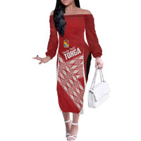 Tonga Rugby Custom Family Matching Off The Shoulder Long Sleeve Dress and Hawaiian Shirt Go ʻIkale Tahi Go Tongan Tapa Cloth LT14 Mom's Dress Red - Polynesian Pride