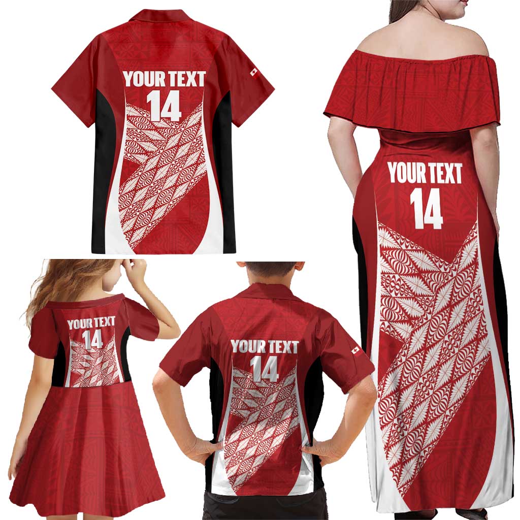 Tonga Rugby Custom Family Matching Off Shoulder Maxi Dress and Hawaiian Shirt Go ʻIkale Tahi Go Tongan Tapa Cloth LT14 - Polynesian Pride