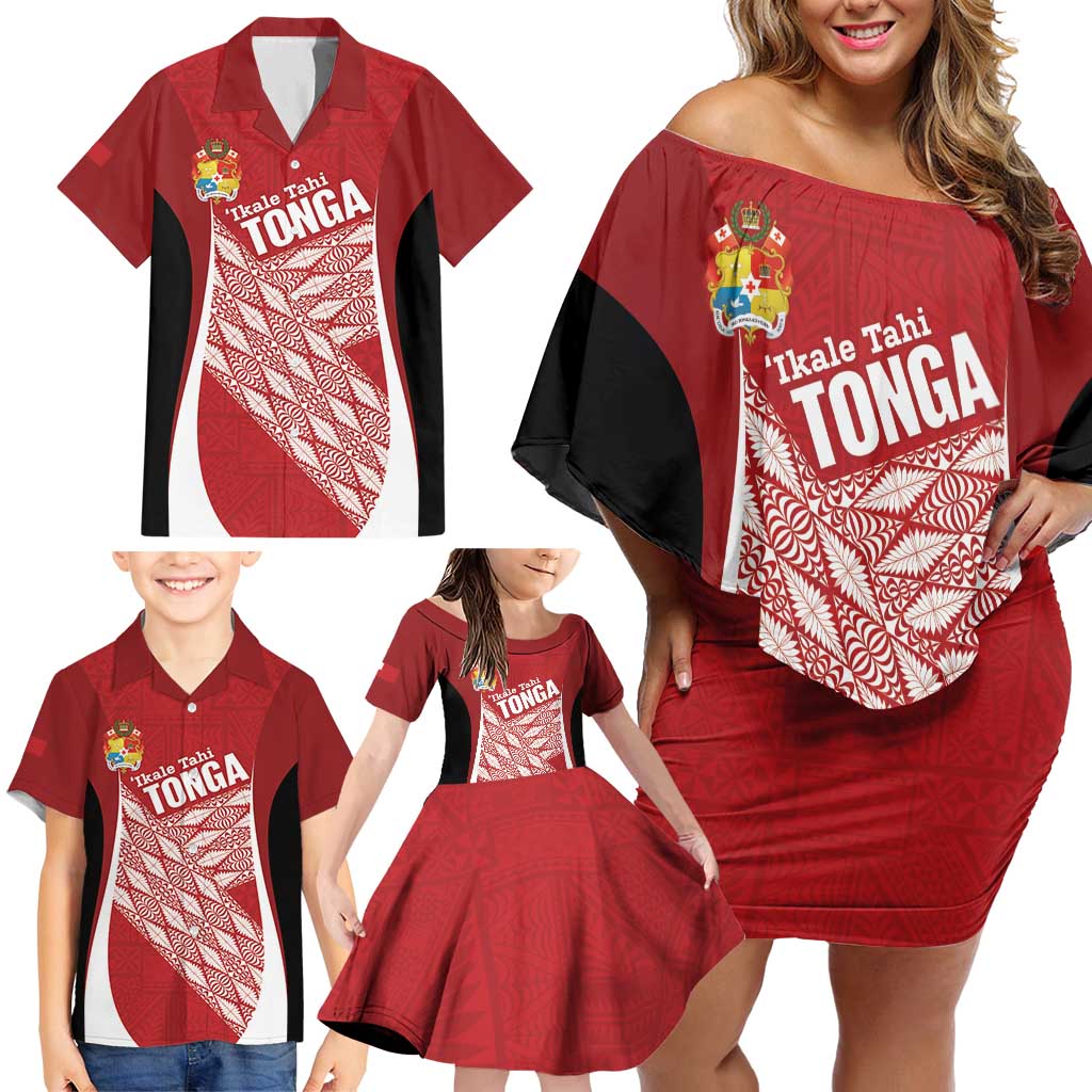 Tonga Rugby Custom Family Matching Off Shoulder Short Dress and Hawaiian Shirt Go ʻIkale Tahi Go Tongan Tapa Cloth LT14 - Polynesian Pride