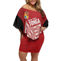 Tonga Rugby Custom Family Matching Off Shoulder Short Dress and Hawaiian Shirt Go ʻIkale Tahi Go Tongan Tapa Cloth LT14 Mom's Dress Red - Polynesian Pride