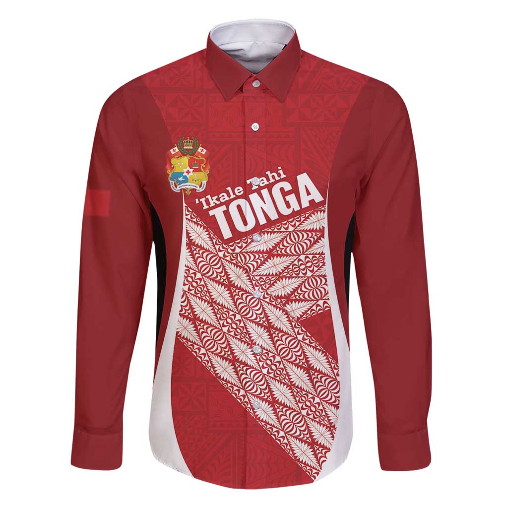 Tonga Rugby Custom Family Matching Tank Maxi Dress and Hawaiian Shirt Go ʻIkale Tahi Go Tongan Tapa Cloth LT14 Dad's Shirt - Long Sleeve Red - Polynesian Pride