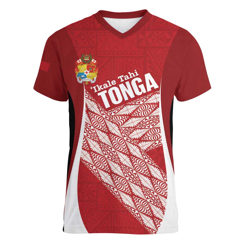 Tonga Rugby Custom Women V-Neck T-Shirt Go ʻIkale Tahi Go Tongan Tapa Cloth LT14 Female Red - Polynesian Pride