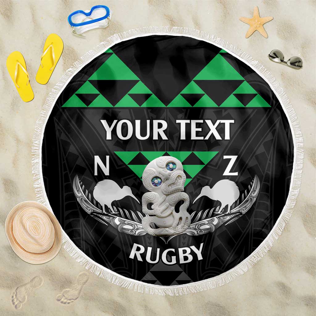 Personalised Aotearoa Rugby Beach Blanket New Zealand Maori Kete Matauranga Pattern LT14 One Size 150cm Black - Polynesian Pride