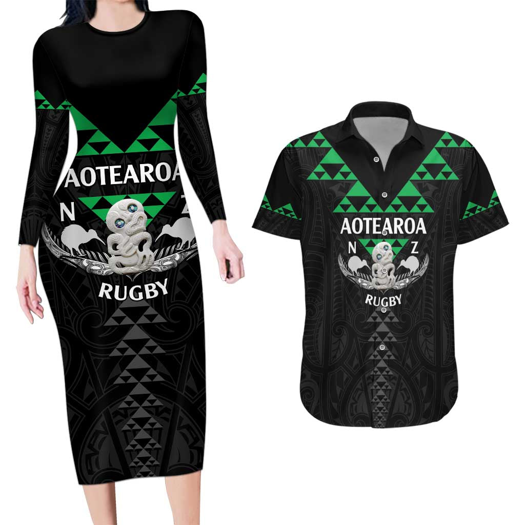 Personalised Aotearoa Rugby Couples Matching Long Sleeve Bodycon Dress and Hawaiian Shirt New Zealand Maori Kete Matauranga Pattern LT14 Black - Polynesian Pride