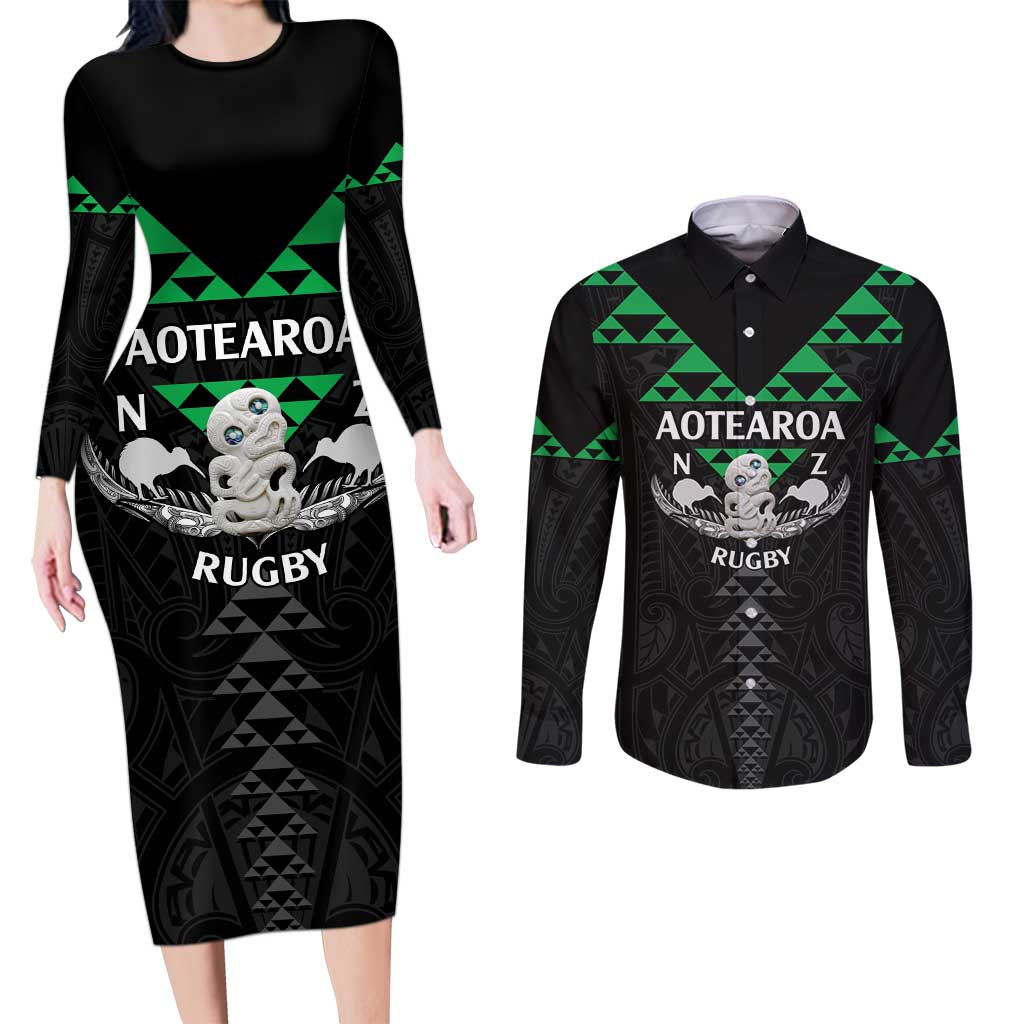 Personalised Aotearoa Rugby Couples Matching Long Sleeve Bodycon Dress and Long Sleeve Button Shirt New Zealand Maori Kete Matauranga Pattern LT14 Black - Polynesian Pride