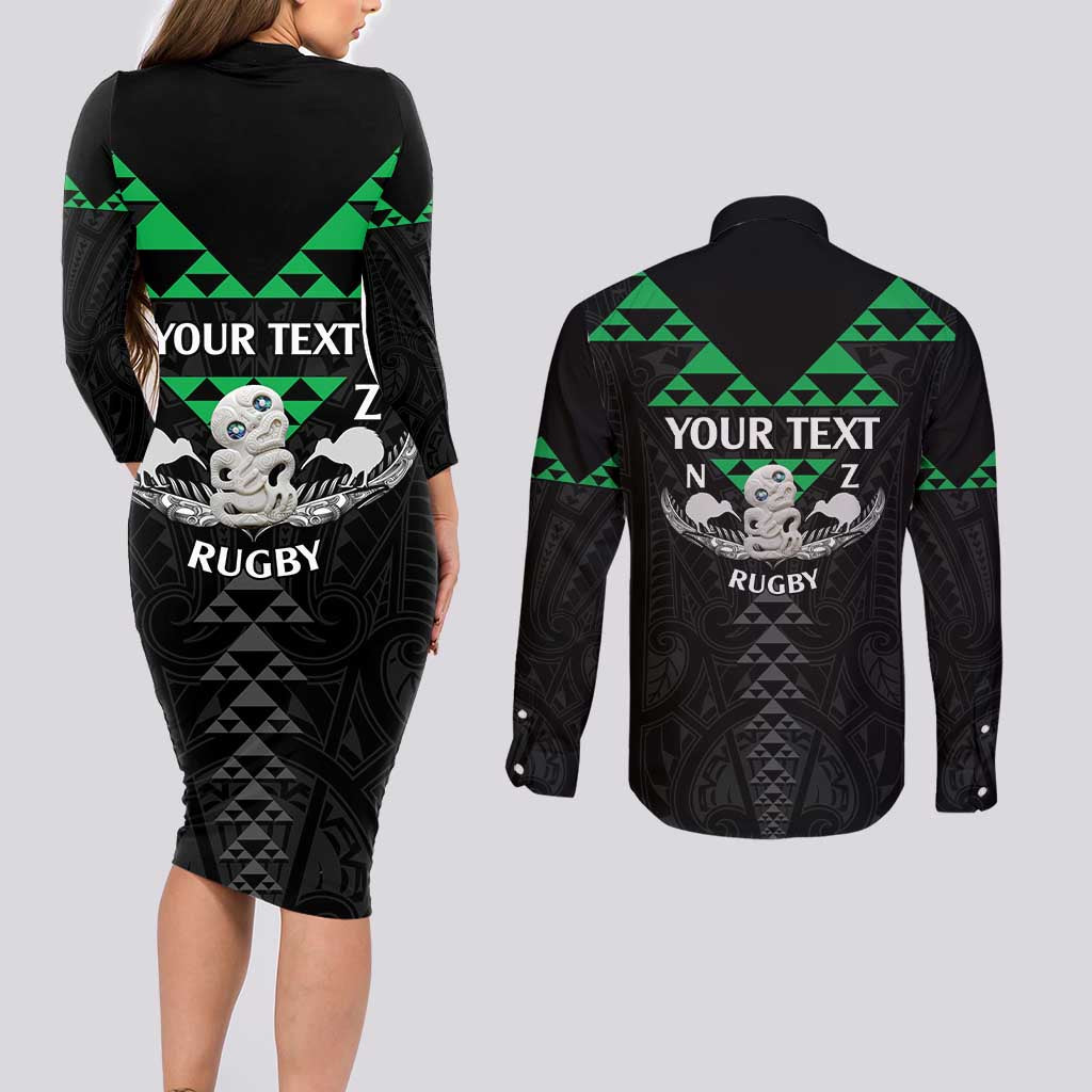 Personalised Aotearoa Rugby Couples Matching Long Sleeve Bodycon Dress and Long Sleeve Button Shirt New Zealand Maori Kete Matauranga Pattern LT14 - Polynesian Pride