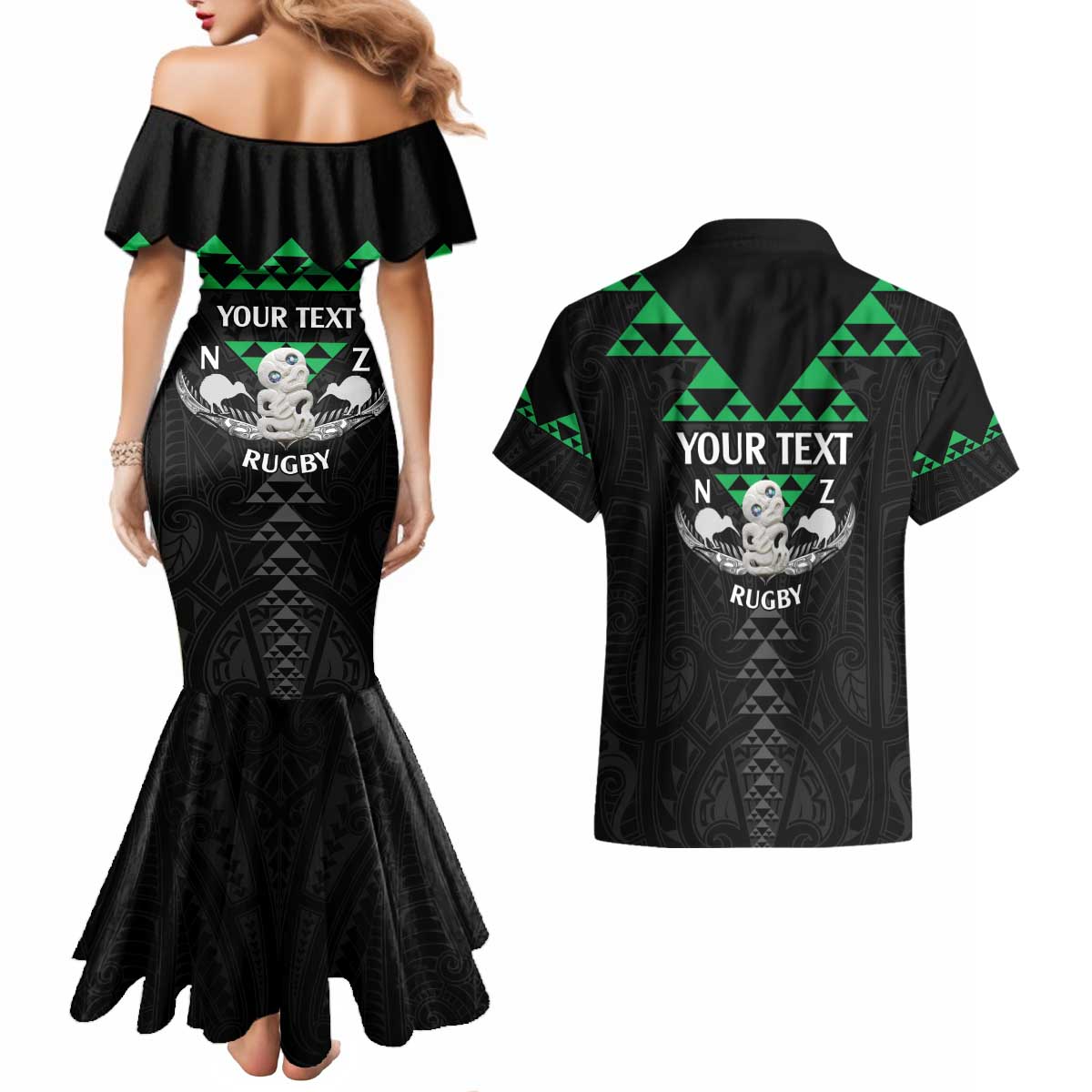 Personalised Aotearoa Rugby Couples Matching Mermaid Dress and Hawaiian Shirt New Zealand Maori Kete Matauranga Pattern LT14 - Polynesian Pride