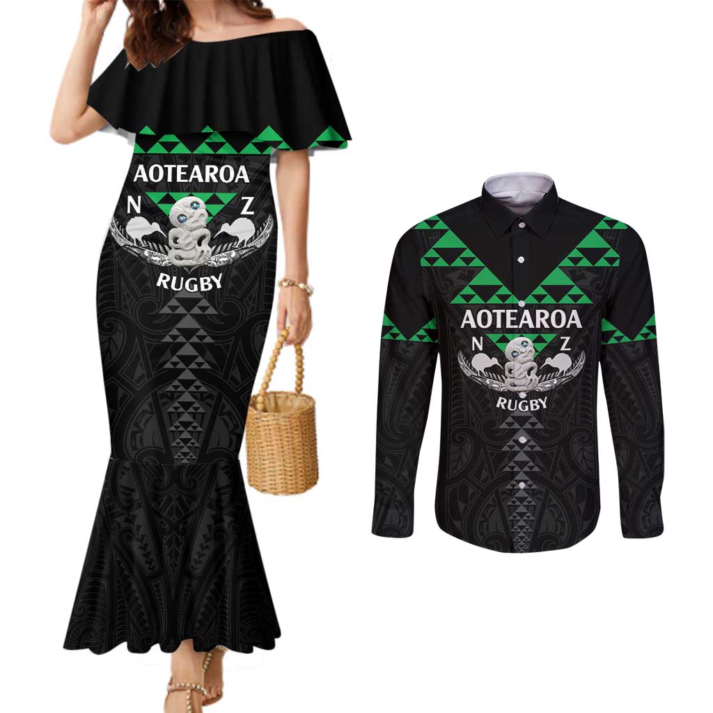Personalised Aotearoa Rugby Couples Matching Mermaid Dress and Long Sleeve Button Shirt New Zealand Maori Kete Matauranga Pattern LT14 Black - Polynesian Pride