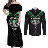 Personalised Aotearoa Rugby Couples Matching Off Shoulder Maxi Dress and Long Sleeve Button Shirt New Zealand Maori Kete Matauranga Pattern LT14 Black - Polynesian Pride
