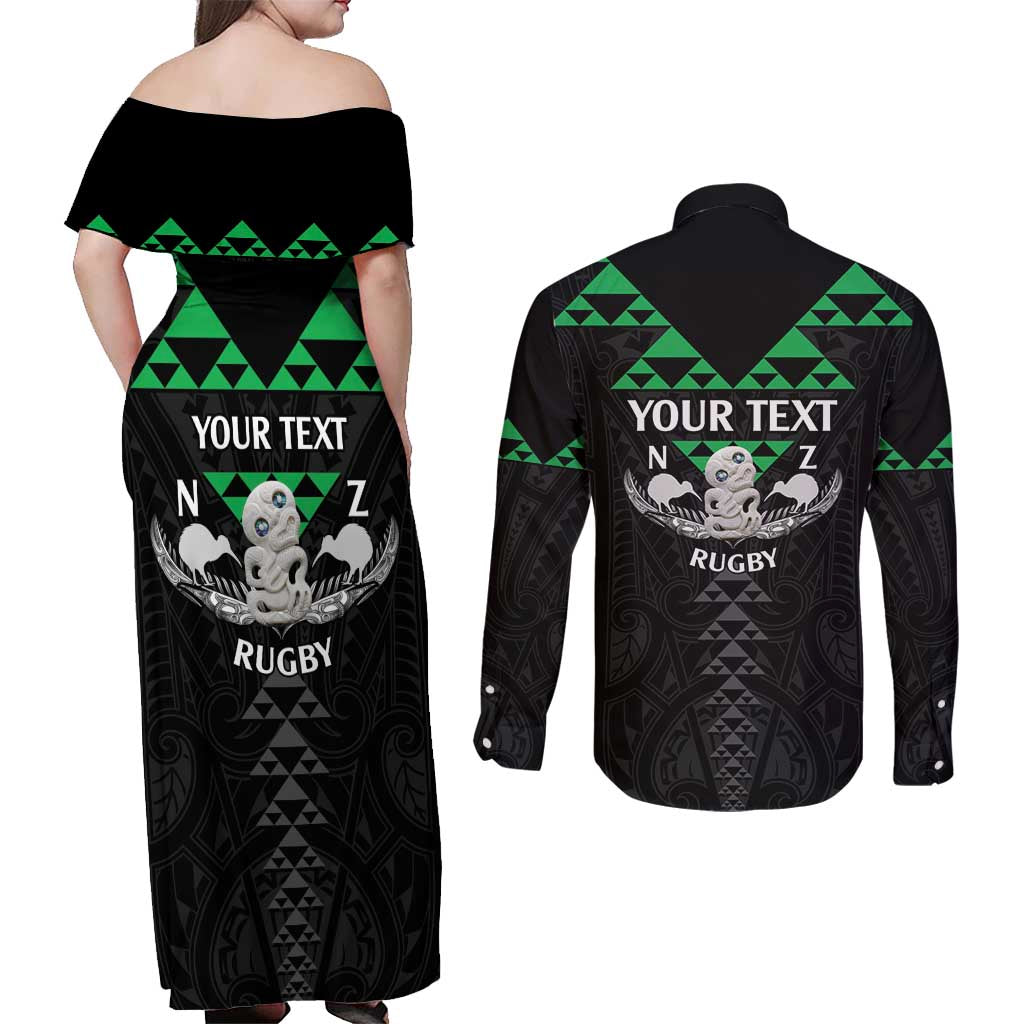 Personalised Aotearoa Rugby Couples Matching Off Shoulder Maxi Dress and Long Sleeve Button Shirt New Zealand Maori Kete Matauranga Pattern LT14 - Polynesian Pride