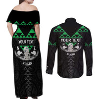Personalised Aotearoa Rugby Couples Matching Off Shoulder Maxi Dress and Long Sleeve Button Shirt New Zealand Maori Kete Matauranga Pattern LT14 - Polynesian Pride