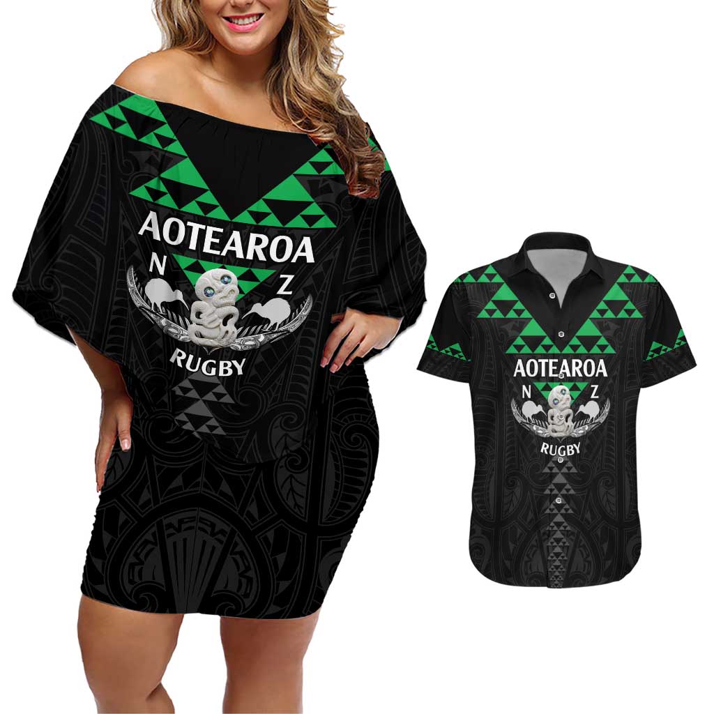 Personalised Aotearoa Rugby Couples Matching Off Shoulder Short Dress and Hawaiian Shirt New Zealand Maori Kete Matauranga Pattern LT14 Black - Polynesian Pride