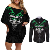 Personalised Aotearoa Rugby Couples Matching Off Shoulder Short Dress and Long Sleeve Button Shirt New Zealand Maori Kete Matauranga Pattern LT14 Black - Polynesian Pride