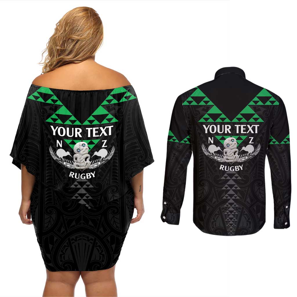 Personalised Aotearoa Rugby Couples Matching Off Shoulder Short Dress and Long Sleeve Button Shirt New Zealand Maori Kete Matauranga Pattern LT14 - Polynesian Pride