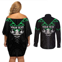 Personalised Aotearoa Rugby Couples Matching Off Shoulder Short Dress and Long Sleeve Button Shirt New Zealand Maori Kete Matauranga Pattern LT14 - Polynesian Pride