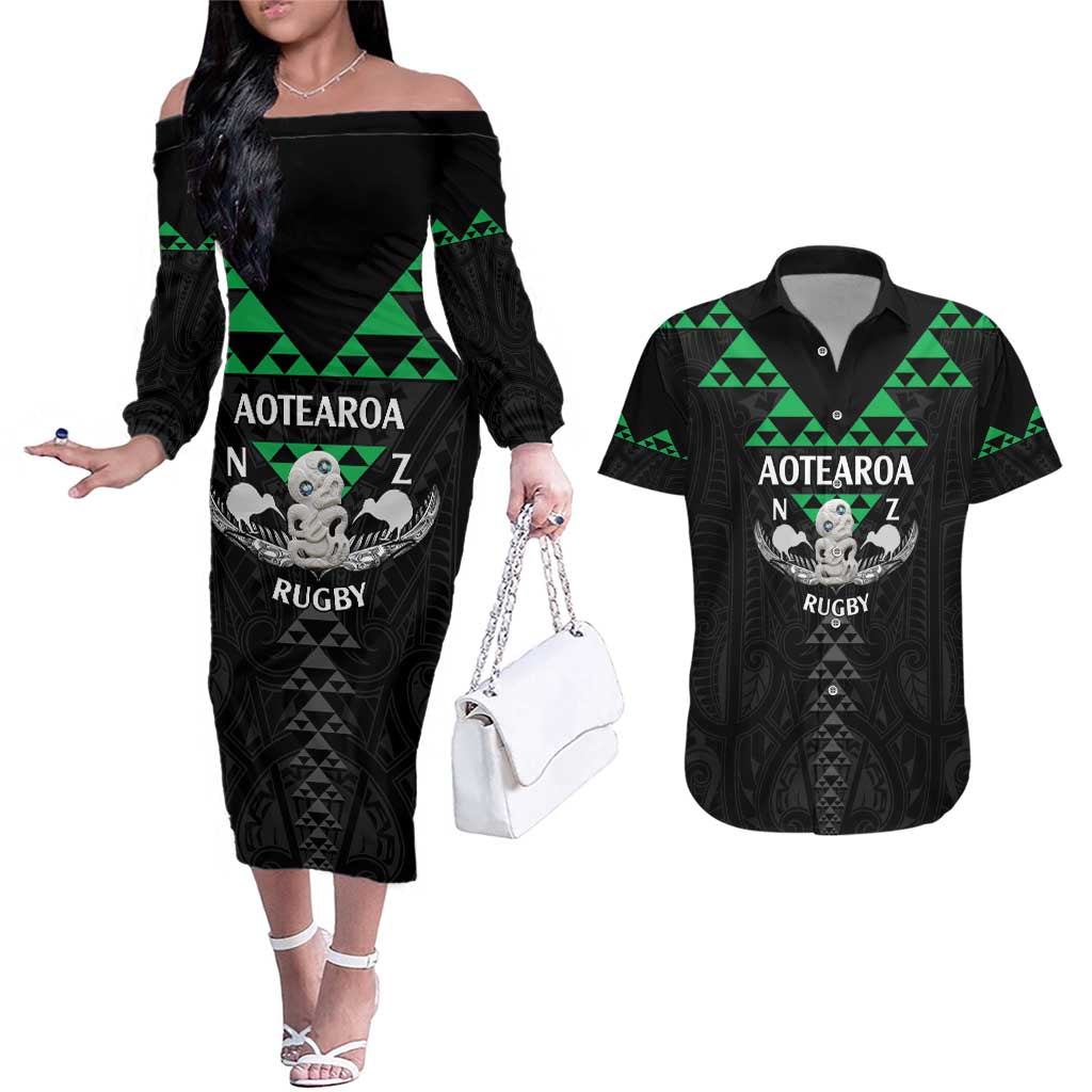 Personalised Aotearoa Rugby Couples Matching Off The Shoulder Long Sleeve Dress and Hawaiian Shirt New Zealand Maori Kete Matauranga Pattern LT14 Black - Polynesian Pride