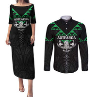 Personalised Aotearoa Rugby Couples Matching Puletasi and Long Sleeve Button Shirt New Zealand Maori Kete Matauranga Pattern LT14 Black - Polynesian Pride