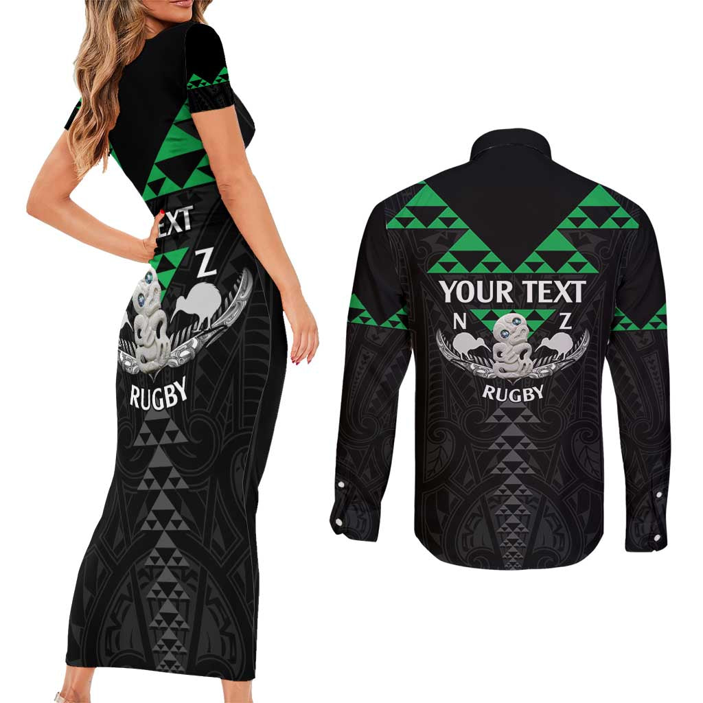 Personalised Aotearoa Rugby Couples Matching Short Sleeve Bodycon Dress and Long Sleeve Button Shirt New Zealand Maori Kete Matauranga Pattern LT14 - Polynesian Pride